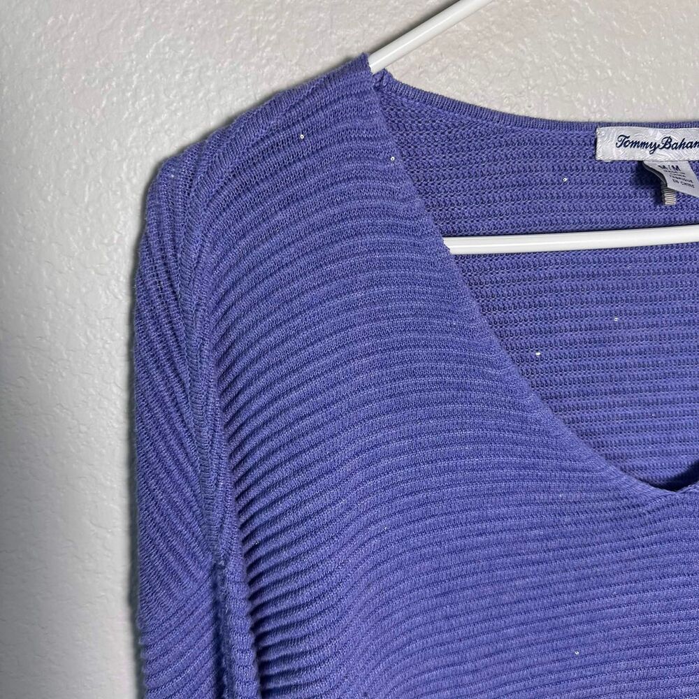 Tommy Bahama V-Neck Ribbed Shimmer Knit Sweater Purple Medium Cotton Blend - Picture 3 of 7